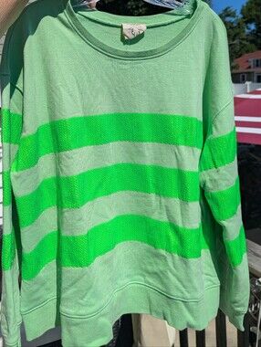 FANTASTIC FAWN Green Sequin Stripe French Terry Sweatshirt Top Sz M *Note/Pic
